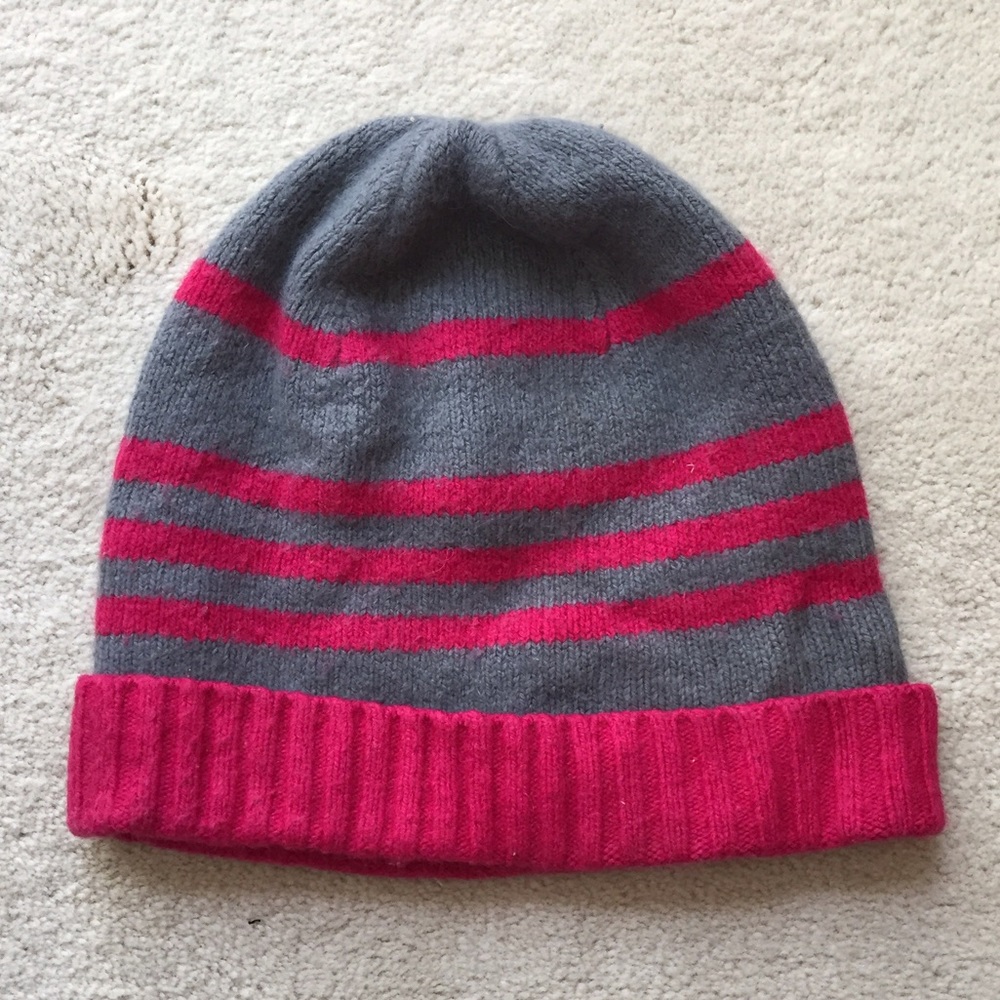French Connection Pink and Gray Stripe Beanie Hat